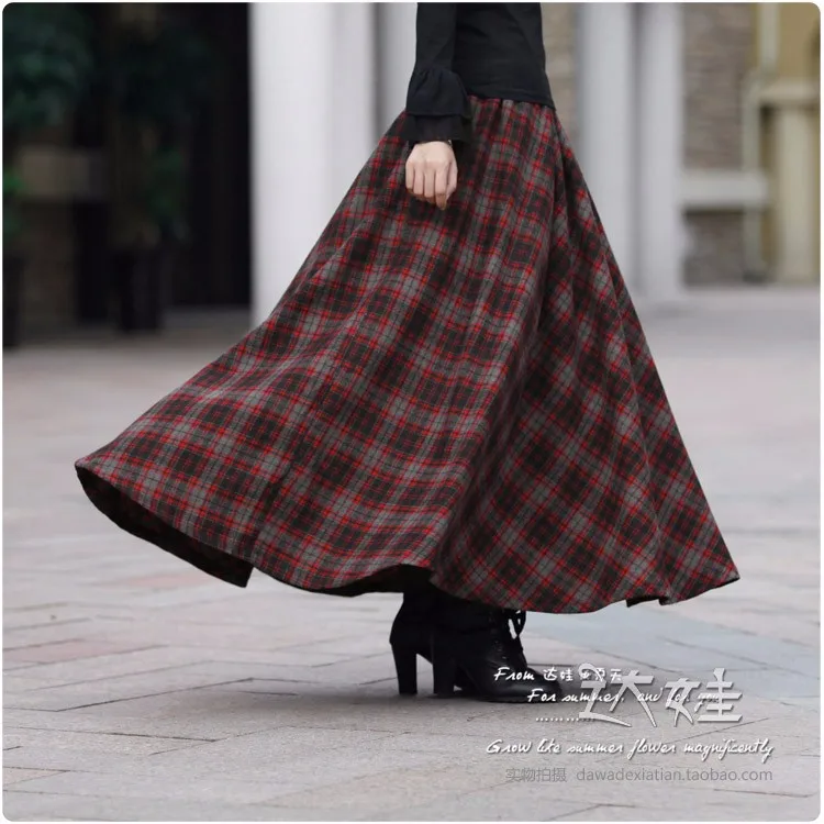 Бренд Для женщин Винтаж юбка макси шерстяной плед осень-зима длинные Ретро женские высокое качество в богемном стиле 50-х годов классической юбки