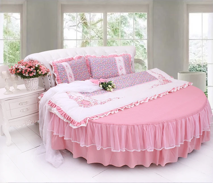 Discount LACE ROUND Corner Bed Europe Orange color Flower Bedding sets Cotton Round Double Bed sheet Duvet cover Pillow case Bedskirt 45