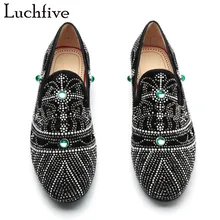 Роскошные черные мужские туфли со стразами; британский стиль; туфли на плоской подошве с круглым носком; Лоферы без застежки; модная повседневная обувь для мужчин