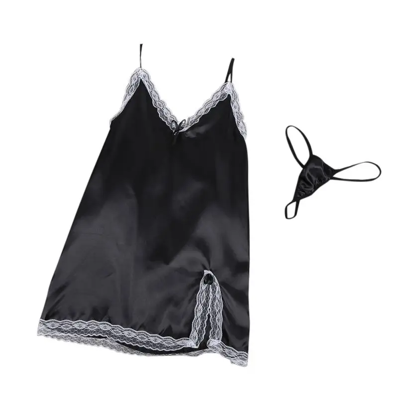 Сексуальное короткое раздельное женское платье сексуальное с v-образным вырезом ночная рубашка женское белье + стринги комплект женские