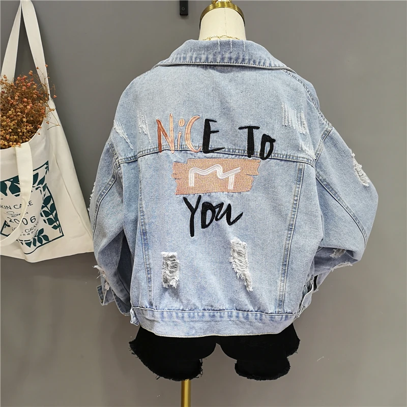 

Harajuku Holes Jeans Jacket Female Retro Back Embroidery Denim Coat Jacket Woman Loose Cowboy Coats Outwear Students Streetwear