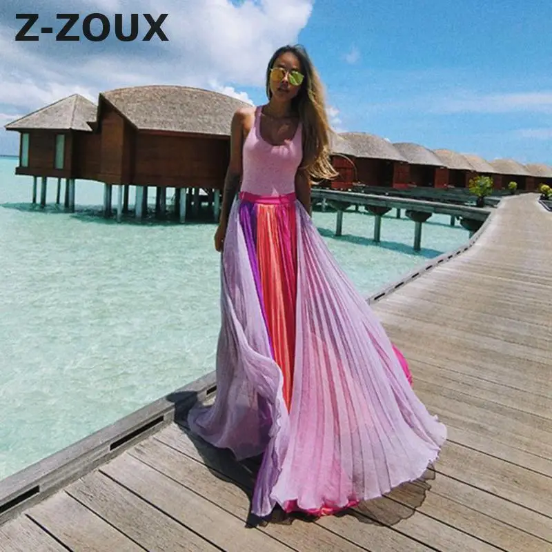 

Z-ZOUX Women Dress Sleeveless O-Neck Color Matching Pink Chiffon Dresses Long Plus Size Maxi Beach Dress Women 2019 New Fashion