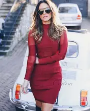 2017 New Wine Red Women Summer Dresses Mesh Long Sleeve High Neck Celebrity Party Dress Knee Length Sexy Bodycon Bandage Dress