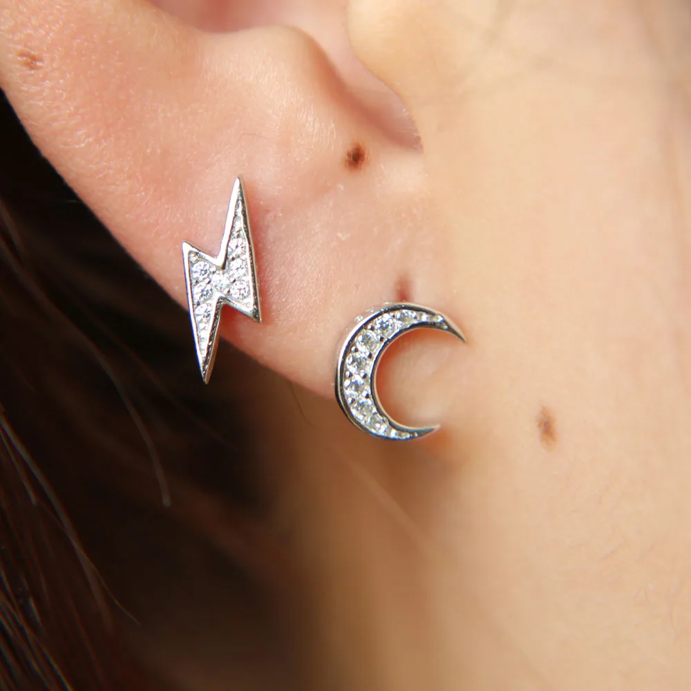2018 Promotion Earrings Silver 925 Christmas Gift Dainty Studs Pave Cz Flash Delicate Girl Women Double Uneven Cute Earring (6)