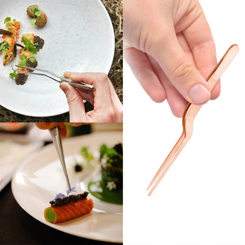 

5.47inch Mini Professional Chef Plating Tweezer Tongs Serving Presentation Stainless Steel Offset Chef Kitchen Tool 2019