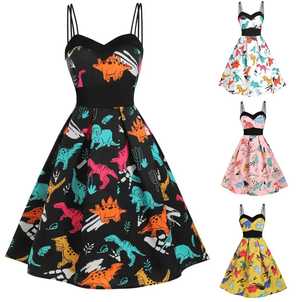

Fashion Women Vintage Swing Dress Retro Casual Sleeveless Dinosaur Camisole Swing Dress Evening Party Dress 2019 Robe vestidos