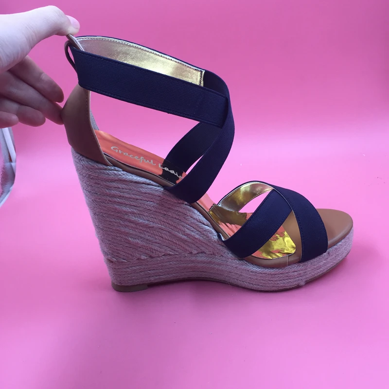 Navy Blue Cross Tie Wedge Sandal High Heels Cross-tie Platform Real Photo Women Shoes Sandal Wedge Heels Plus Size 15