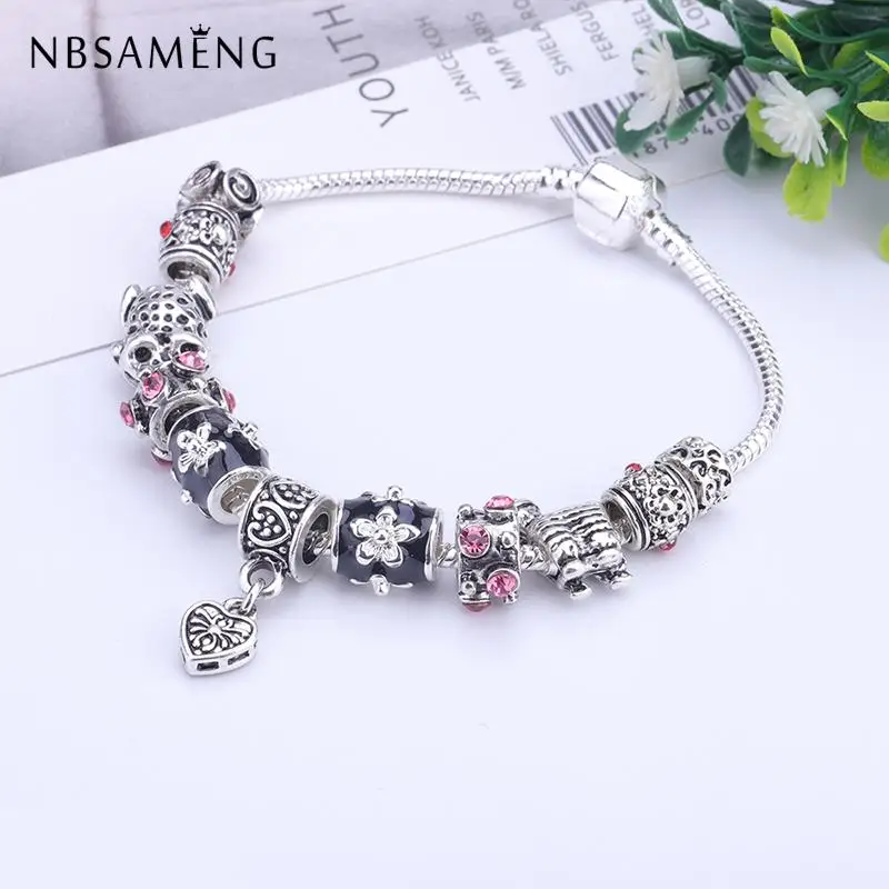 

Silver Plated Bead Bracelet Love Heart Pink Crystal Flower Snake Chain Basic Charm Bracelet For Fashion Women DIY Jewelry Gift