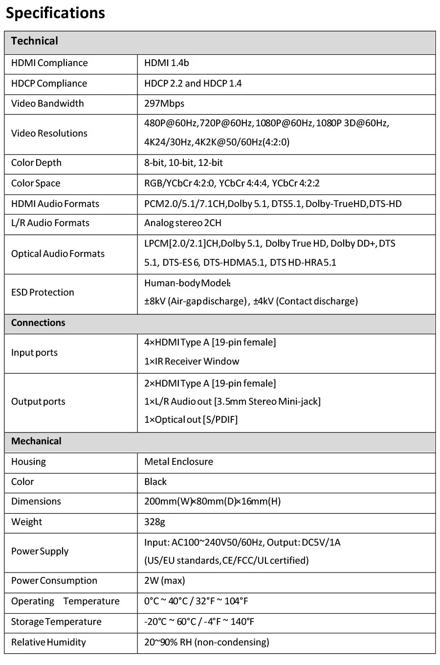 LINK-MI LM-MX42-4K2K 4x2 HDMI матричный с аудио экстракт 4K2K @ 50/60 Гц (4:2:0) Поддержка ИК-пульт дистанционного управления