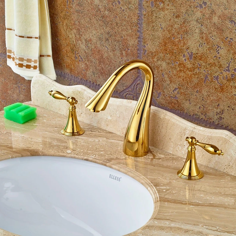 Brass Gold Polish Bath Sink Faucet Deck Mounted Waterfall Spout Double