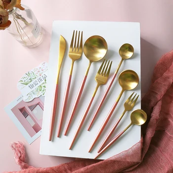 

Hot 304 stainless steel pink gold cutlery service table besteck set cubiertos tofok dorados de acero inoxidable faqueiro dourado