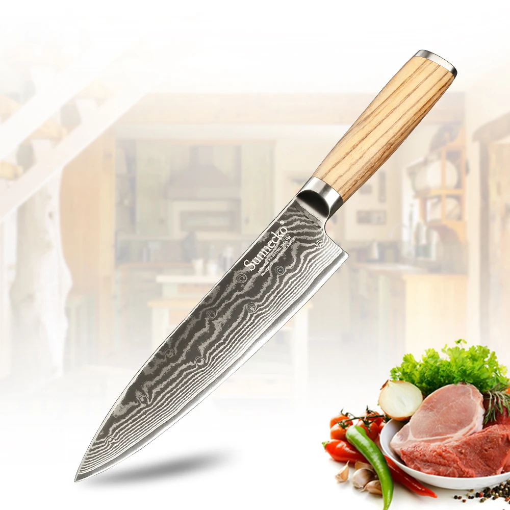 

SUNNECKO 8" Chef Knife Kitchen Knives Japanese Damascus VG10 Steel Sharp Blade Original Wood Handle Cleaver Meat Cutting Tools