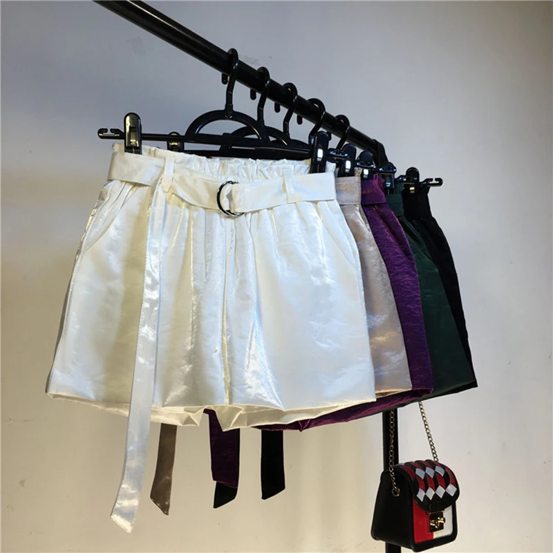 

New Summer Autumn Light Shiny Sashes Shorts Women Casual Solid Wide Leg Shorts Elastic Waist Loose Sporting Shorts Female Mw370