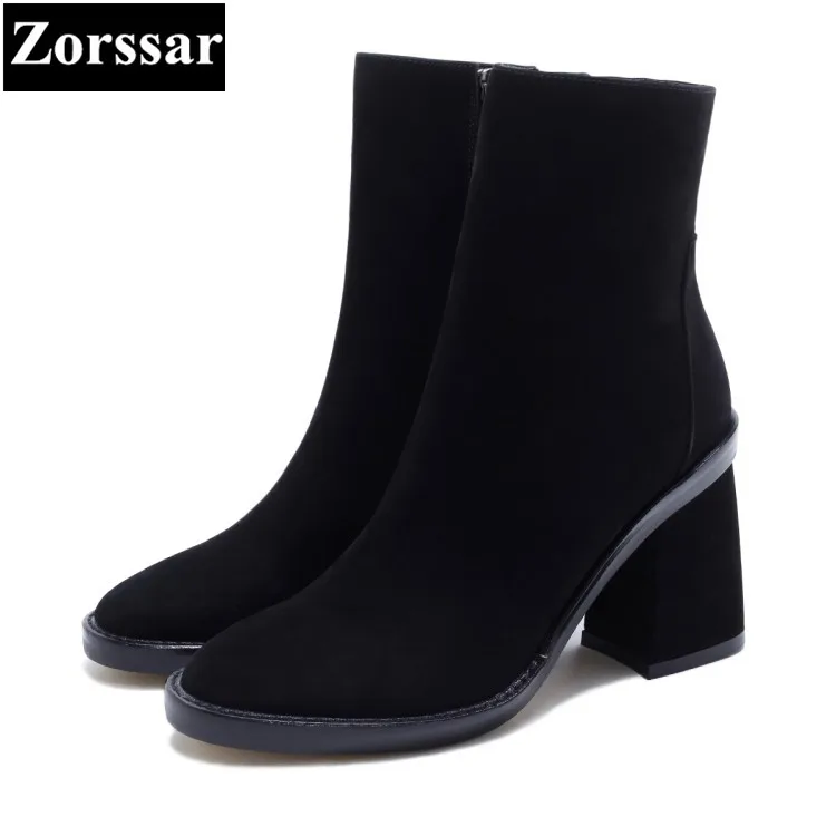 

{Zorssar} 2018 NEW arrival fashion women boots Cow Suede leather pointed Toe High heels ankle boots autumn winter women shoes