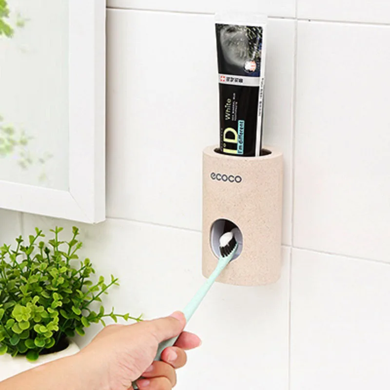 

Wheat Straw Automatic Wall Mount Toothpaste Dispenser Dustproof and Waterproof Toothpaste Squeeze Stand Bathroom Accessories Set