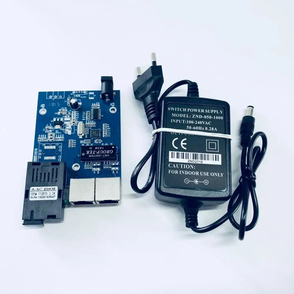 1 пара 2* RJ45 и 1* SC 100M быстрый Ethernet коммутатор конвертер 20 км Ethernet волоконно-оптический медиа конвертер одномодовый PCBA плата и адаптер - Цвет: A side with adapter