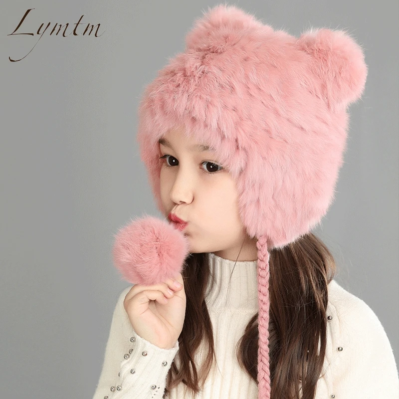 Skup Nowy piękny niedźwiedź ucha Skullies czapki prawdziwe futro królika reks tkaniny dzianiny kapelusze zimowe ciepłe miękkie stałe czapki śnieg kobiety kapelusz