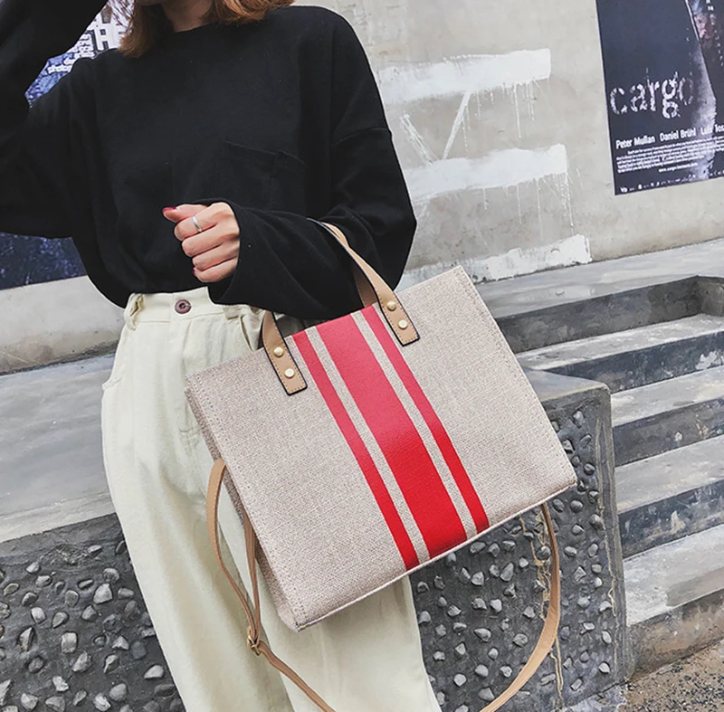 Women Patchwork Handbag INS Popular Female Holiday Canvas Bag Large Lady Korean Shopping Shoulder Bag Beach Fashion Bolsa SS7336 (9)