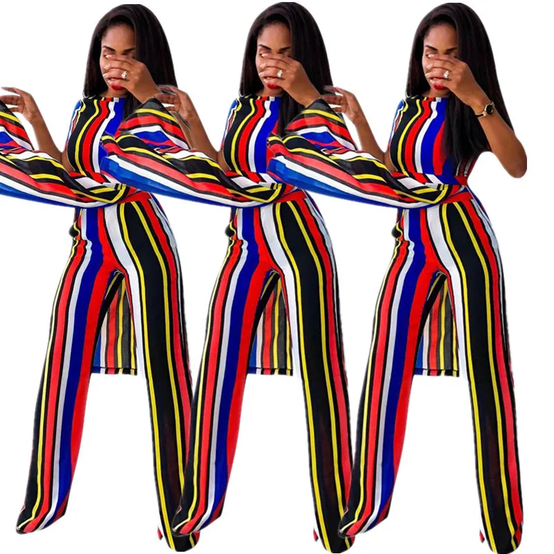

2019 New Best Selling Rainbow Stripe Print Summer Casual European And American Women's Two-piece Suit