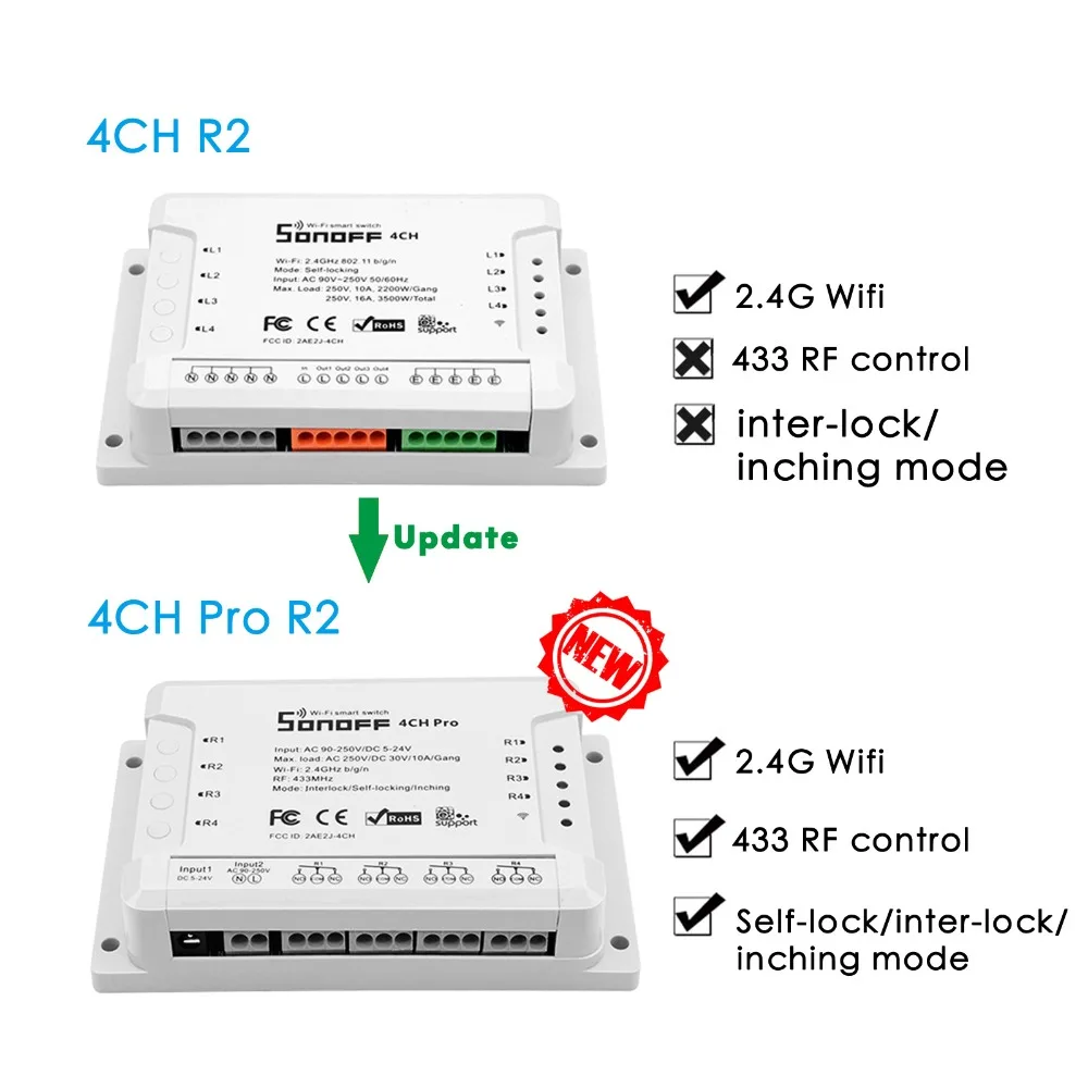 Sonoff 4CH Pro R2 умный Wifi переключатель, 4 комплекта, светильник, 433 МГц, РЧ пульт, Wi-Fi реле, приложение Ewelink с Alexa Google home