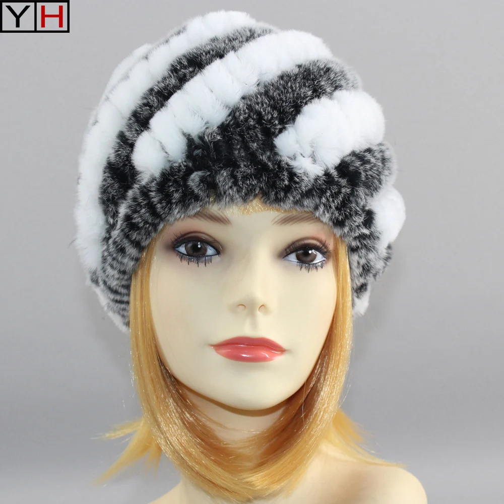 

2019 Winter Warm Women Knitted Real Rex Rabbit Fur Hat Natural Striped Rex Rabbit Fur Cap lady Headwear vintage fashion caps