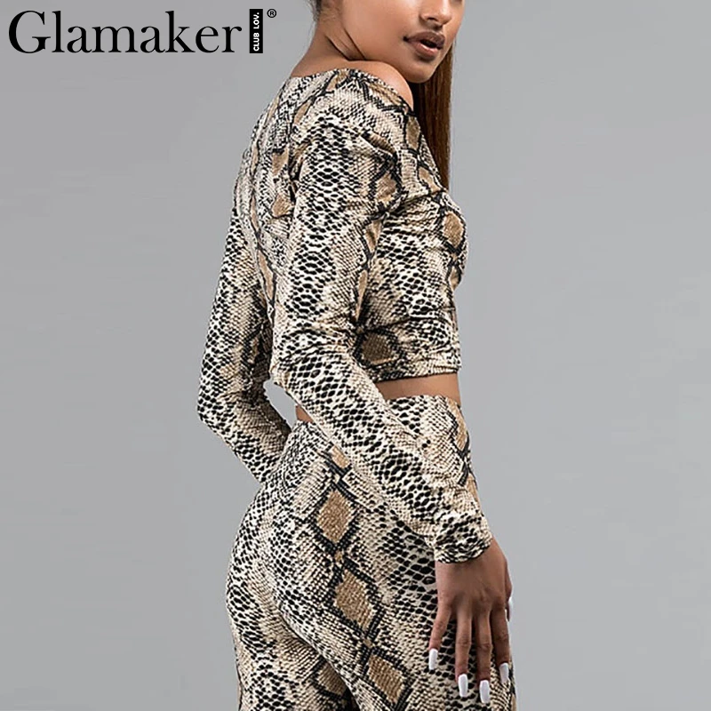 Glamaker Snake print two piece suit jumpsuit Female long sleeve bodysuit sexy jumpsuit romper Women romper overalls for women