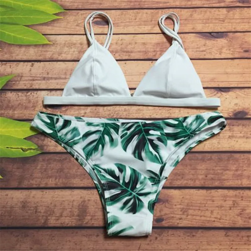 2018 Sexy Brazilian Beach Biquini Green Leaves Print Bikinis Push up ...