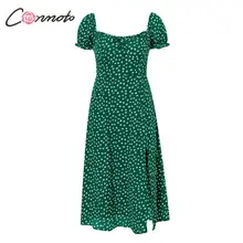 Conmoto, vestido de fiesta Vintage de verano con cuello cuadrado y volantes, vestido elegante Sexy de playa para mujer, estampado Floral verde, Vestidos medios