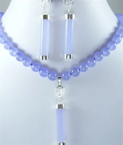 

charm green/purple jade-white pearl necklace +jade pendant earring set