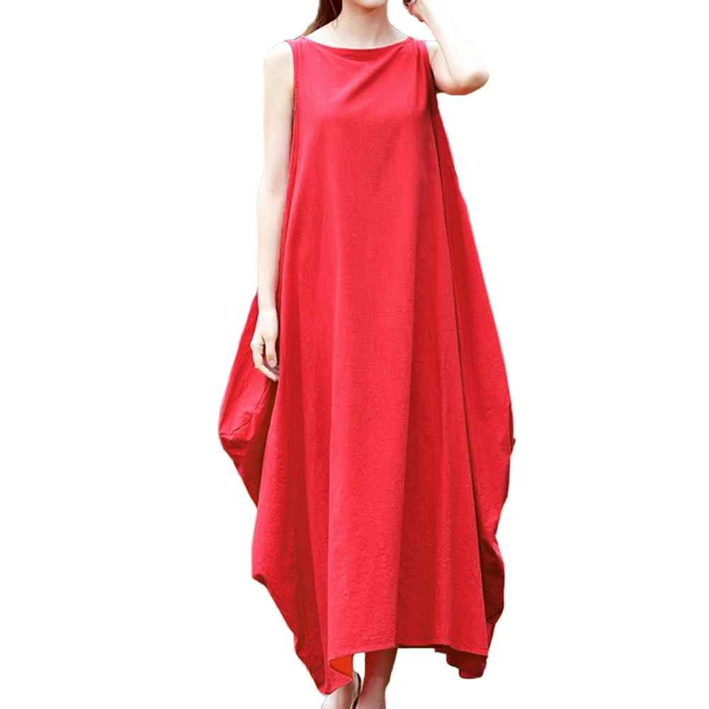 Anself женское хлопковое льняное платье без рукавов 4XL 5XL размера плюс длинное платье макси с карманами однотонный Свободный Летний Сарафан белый/красный/черный