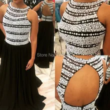 2016 New Designer Black and White Long Prom Dresses Real Pictures Pearls Black Chiffon Long Evening Gowns Dresses Sexy Open Back