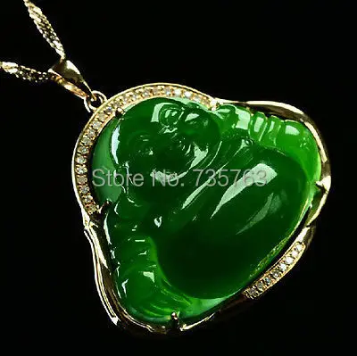

xiuli 0014872 necklace pendant chinese hetian green jade jasper 18K gold happy smile buddha
