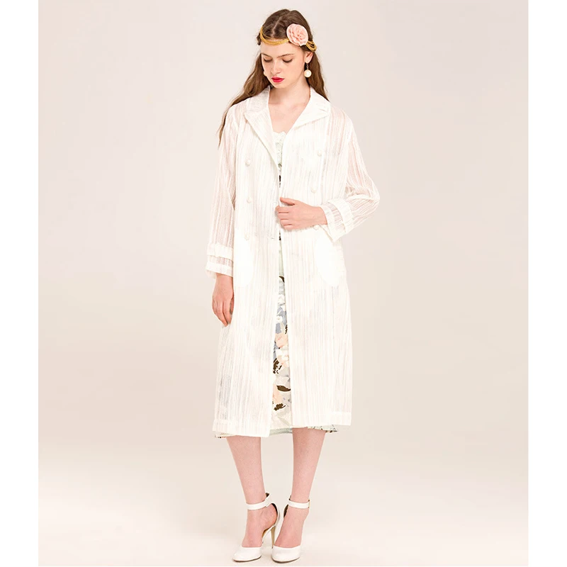 women autumn coats organza jacquard double breasted coat notched collar long sleevee sash belt white trench coat slim outerwear