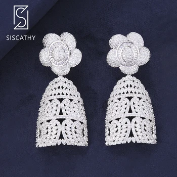

Siscathy 26*57mm Deluxe Flower Hollow pendant Nigerian Bridal Wedding Engagement Full Cubic Zirconia Big Drop Dangle Earrings