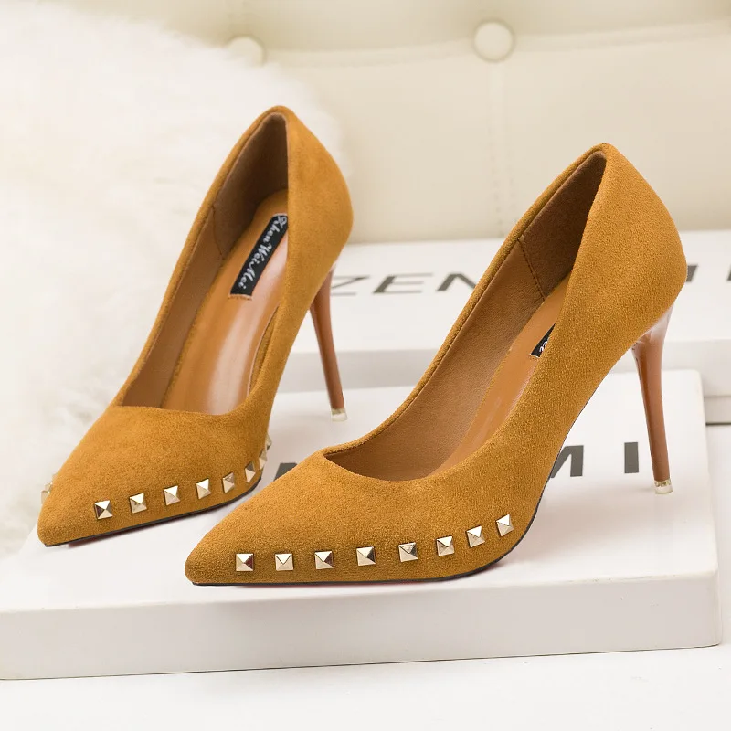 Ou Mo brand Elegant Sexy sandals women?s High heels 9cm Slip-on Women's shoes wedding banquet Rivet Female Dress shoes
