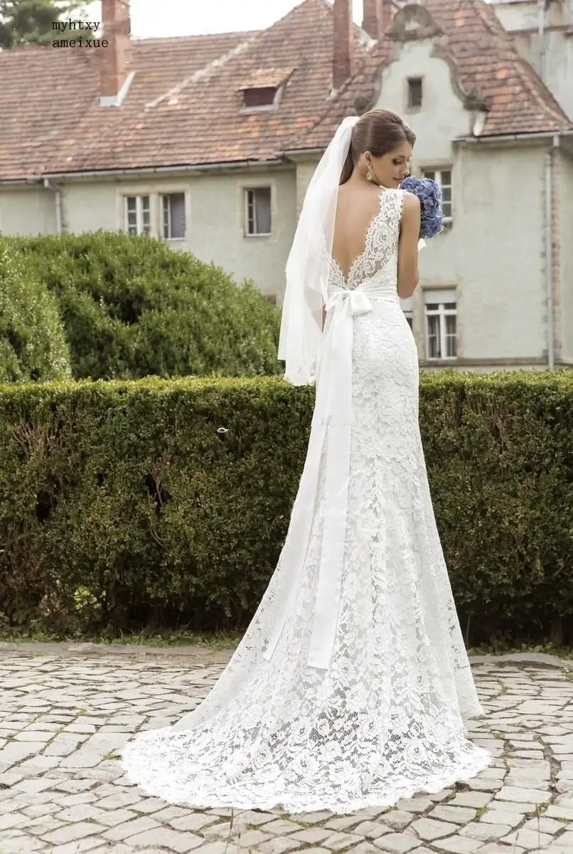 US $59.90 Fashion Lace Mermaid Backless Wedding Dress 2020 Sleeveless Sash Scoop Bride Gown Romantic Court Train Ribbon Tank Wedding Gown