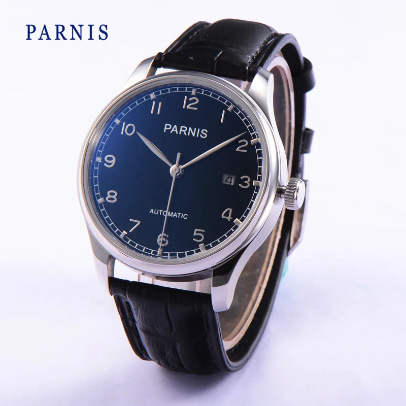 

Parnis 43mm Mechanical 316L Stainless Steel Black Dial Men's Watches Leather Automatic Self-Wind Mens Watch hommes montres Clock