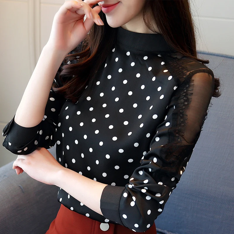 

Long Sleeve Hollow Lace Chiffon Black Lady Tops Blusas New 2018 Fashion Casual Women Blouse Shirt Feminine Blouses H0133