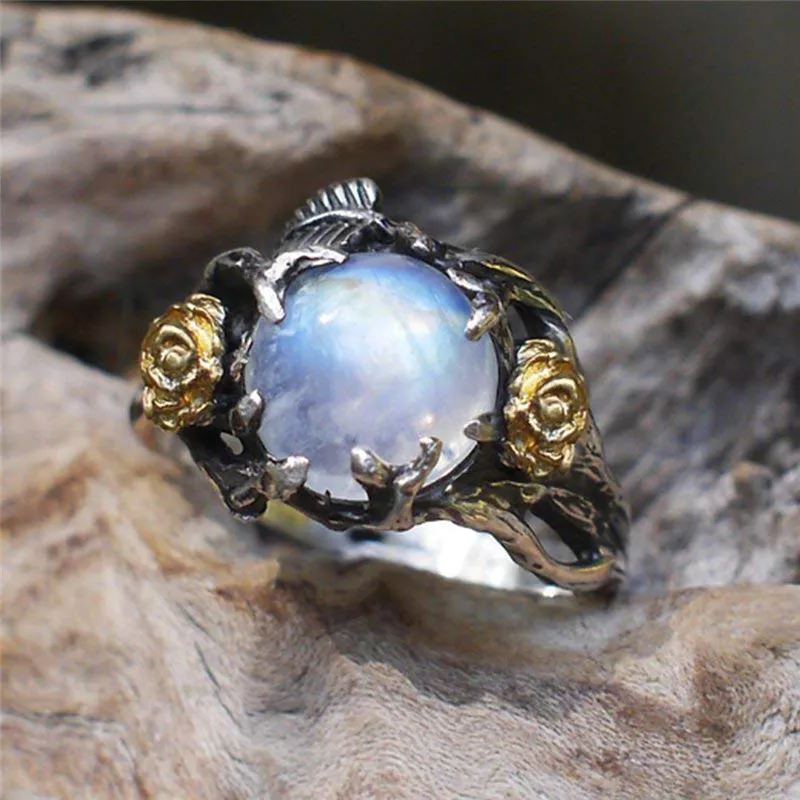 

BOAKO Newest Gothic Vintage Crystal Rhinestones Titanium Steel Big Rose Flower Band Rings for Women Ladies Party Jewelry X7-M2
