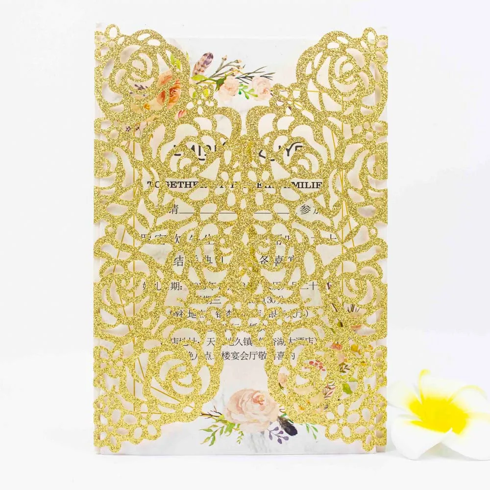 

100pcs glitter paper elegant laser cut Flowers Wedding invitation cards customizable pocket cover for Bridal Shower invite gift