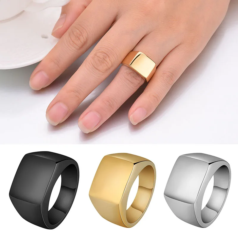 

Wedding Bands Punk Style 316L Stainless Steel Men's Square Big Width Signet Ring Bold Solid Polished Fashion Jewelry