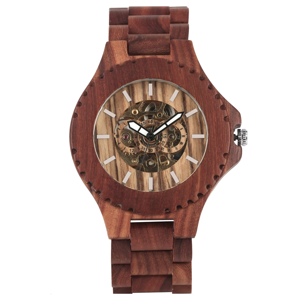 Men's Wood Watch Automatic-self-winding Wooden Watch Attractive Red Sandalwood Wooden Mechanical Wristwatches for Boy