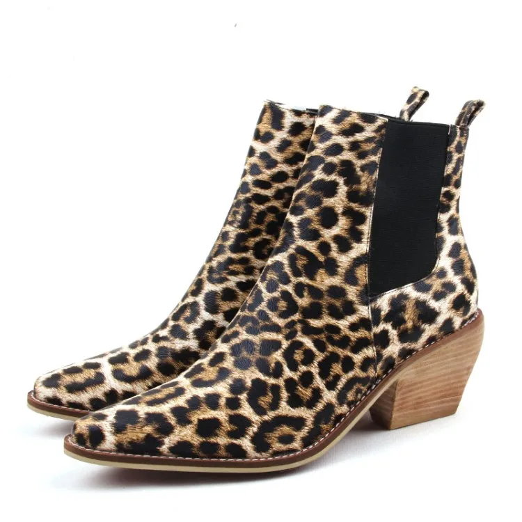 

Womens Pointed Toe Chelsea Ankle Boots Leopard&Sneake python Pattern Chunky Heel Real Leather Shoes Plus Size 3Colors A1135