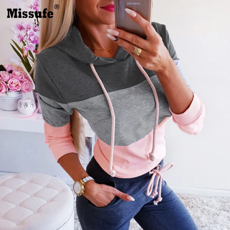 

Missufe Harajuku Hoodies Women Casual Drawstring Sweatshirt Women Sexy Patchwork Pullovers Long Sleeve Autumn Winter Hooded Tops