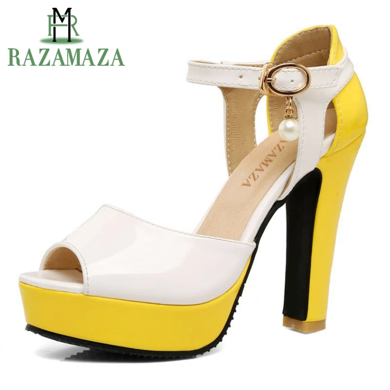 

RZAMAZA Size 34-43 Women Sexy Shoes Women High Heeled Sandals Platform Open Toe Patent Leather Fashion Thin Heels Footwear