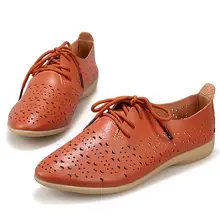 Women's Pointed Toe Flat Shoes Casual Leisure Lace Up Shoes Genuine Leather Breathable Flats for Ladies women genuine leather flats brogue oxford white black platform shoes lace up pointed toe ladies casual shoes zapatos mujer