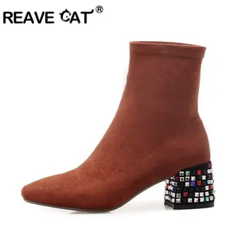 

REAVE CAT Flock Ankle Women Boots Bis Size 33-42 Slip on Shoes Women Glitter Hoof High heel Boots Female Botas Feminina J343