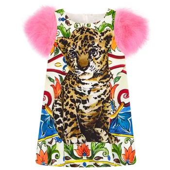 

Girls Dress fashion printing Panther Spring/Autumn faux fur sleeve girls dress Toddler Kids Dresses Children Clothing
