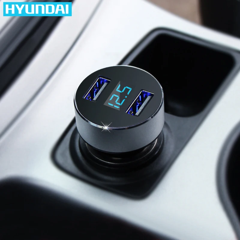  HYUNDAI Car Charger 5V 2.1A+1A Quick Charge Dual USB Port LED Display Cigarette Lighter Phone Adapter Car Voltage Diagnostic 