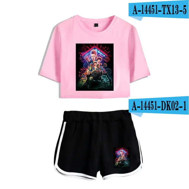 Girls Outfit Stranger Things New 2D print Leisure Women Two Piece Set Shorts+lovely T-shirts Hot Sale Tracksuit - Цвет: 05